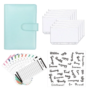 A6 light blue PU leather budget binder set with clear PVC zipper pockets and stickers