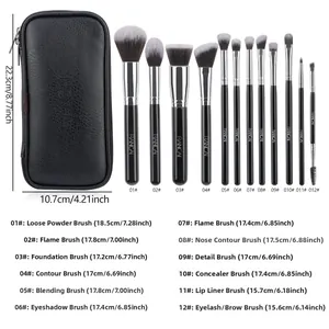 Detailed size chart of professional 12pcs makeup brush set with black zippered pouch
