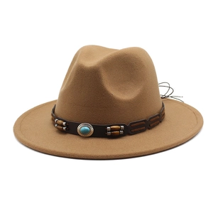 Khaki wool felt fedora with a turquoise stone and wooden bead leather band