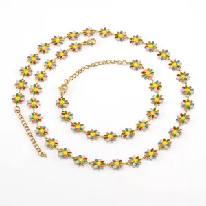 Daisy Flower Necklace And Bracelet Jewelry 18K Gold Plated Stainless Steel Colorful Floral O-Chain Adjustable For Women