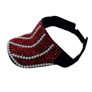 Visière pare-soleil noire pour femmes avec strass rouges et perles blanches chic