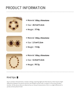 Detailed size and material specification chart for vintage alloy jewelry set