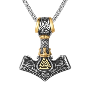 Vintage Norse Viking Thor Hammer Mjolnir Pendant Titanium Steel Valknut Symbol Distressed Punk Men Necklace Pendant Jewelry