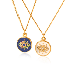 Golden stainless steel necklaces featuring colorful rhinestone evil eye pendants on white