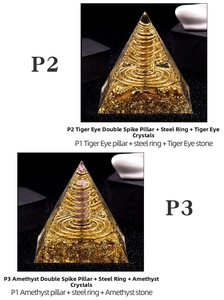 Detail of Orgonite pyramid with amethyst, tiger eye stones and gold foil layers