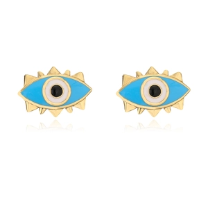 Primer plano de pendientes de ojo de la suerte en oro de 18K con esmalte azul y circón