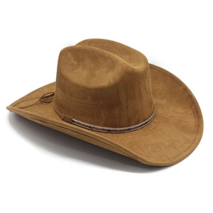 Detail of dark brown faux suede western cowboy hat with patterned decorative band