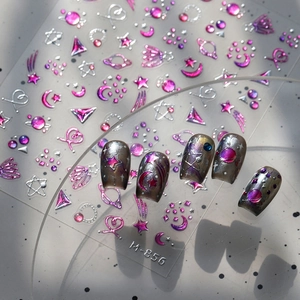 3D Metallic Relief Nail Art Stickers Celestial Star Moon Heart Planet Pattern Embossed Pink Purple Gradient DIY Manicure Decals