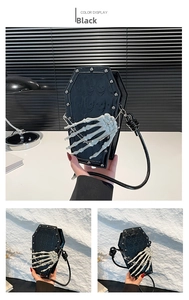 Gothic black coffin shoulder bag with skeleton hand detail and metal rivet accents