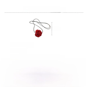 Detail view of a handmade red fabric rose choker necklace with 107cm long black rope cord