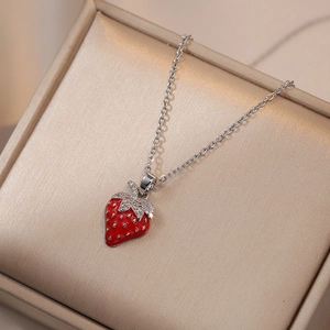 Sweet strawberry pendant necklace with red enamel and silver chain for women