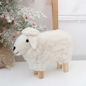 Charming white wool felt sheep figurine with wooden legs for Christmas home table decor