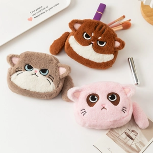 Plush cat coin purses in brown, grey and pink colors with cute 3D ears and tails