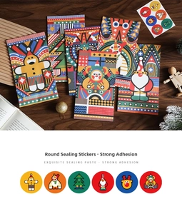 Detailed view of Christmas paper gift bags with six unique festive cartoon sticker seals