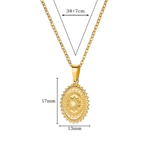 Detail showing vintage gold sunburst pendant with 38+7cm chain and 17x13mm dimensions