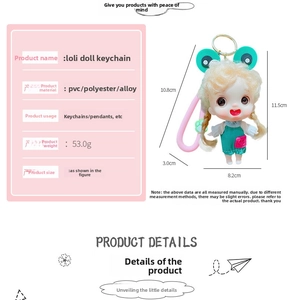 Detailed size and material chart for the cute cartoon doll keychain with frog outfit