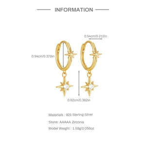 Spécifications détaillées de taille pour créoles étoile en argent 925 doré avec zircone