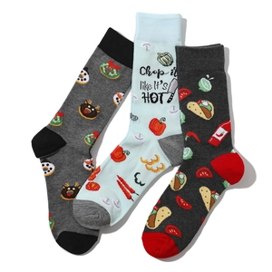 Three-pack cotton socks featuring fun food prints including tacos, donuts and elk patterns