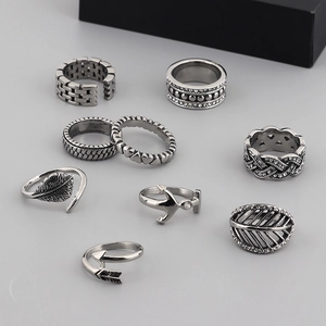 Vintage Stainless Steel Arrow Open Ring Heart Leaf Angel Eros Rhinestone Adjustable Niche Punk Ring Jewelry For Men Women