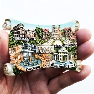 Detailed close-up of a resin Rome souvenir magnet featuring Colosseum relief and landmarks