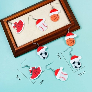 Christmas sports earrings featuring baseball and basketball motifs with size annotations