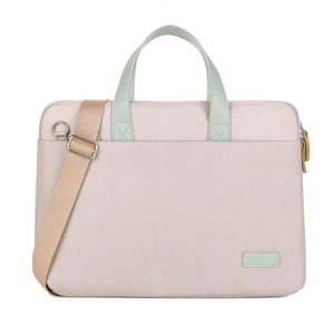 Pink laptop carrying case with green handles and beige shoulder strap for 14-15.6 inch laptops