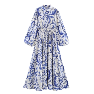 Women Maxi Dress Blue White Abstract Print Long Sleeve Lapel Collar Smocked Waist Button Down Casual Vacation A-Line