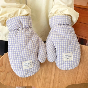 Detailed view of berry purple quilted plaid mittens with quilted diamond stitching detail