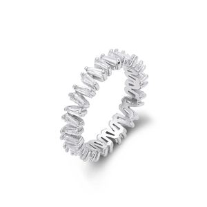 Macro view of sterling silver band ring with rectangular zircon pave stones