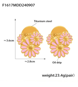Detailed view of titanium steel floral earrings with 18k gold plating and oil drip finish
