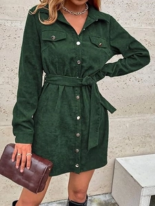 Detail of dark green corduroy dress with metal buttons, waist belt and flap pockets