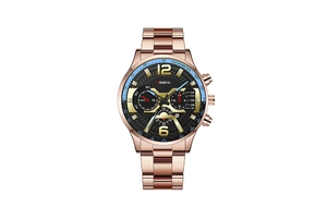 Vue macro du cadran de montre Geneva or rose avec chronographes et guichet de date