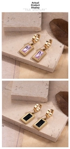 Detail view of retro square zircon earrings in pink and black stone with gold finish