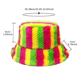 Rainbow striped faux fur bucket hat with size guide featuring pink, yellow, and green