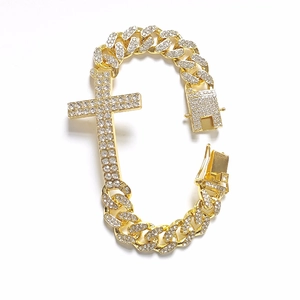 Hip hop gold Cuban chain bracelet with iced out cross pendant and sparkling stones