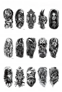 Detailed catalog of black temporary tattoos featuring wolf, skull and owl designs