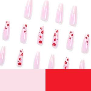 Long coffin press-on nails with pink gradient and red lip patterns on white background