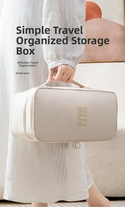 Macro detail of a beige travel underwear storage bag with a sturdy carry handle and zipper
