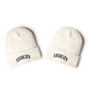 Set of two white BROOKLYN embroidered knit beanies with soft warm ribbed texture