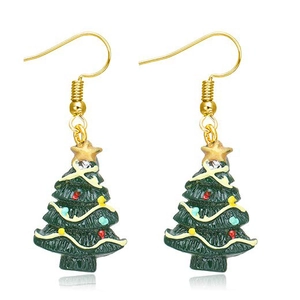 Detailed close-up of green resin Christmas tree earrings with colorful enamel accents