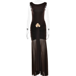 Brown sleeveless maxi dress with pleated bodice, gold accent and sheer flowing skirt