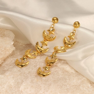 Elegant 18K gold plated stainless steel long star and moon dangle earrings for women