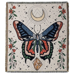 Bohemian butterfly knit blanket with moon and stars patterns and colorful tassels