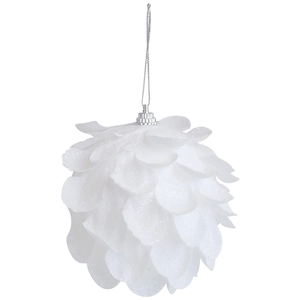 White Christmas ball with layered glitter petals and silver hanging string on white background