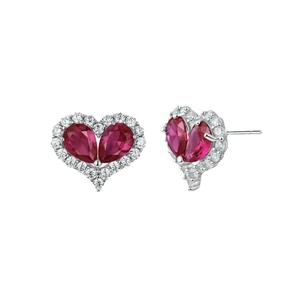 Elegant 925 silver heart stud earrings with red pear-cut stones and crystal halo