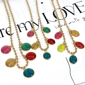 Religious Saint Benedict Virgin Mary Pendant Necklace Gold Plated Copper Bead Chain Colorful Enamel Medal Jewelry For Women Men