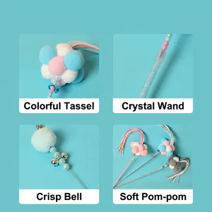 Cat wand toy with pastel pom-poms, crisp bells and glitter handle for indoor play