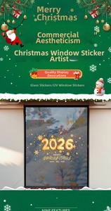 Detail of 2026 Christmas window sticker with golden UV printed star and text design