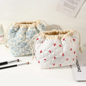 Quilted cosmetic bag travel makeup storage pouch cute floral cherry drawstring organizer