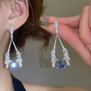 Luxury Blue Zircon Dangle Earrings For Women With White Zircon Accents And 925 Sterling Silver Earring Post Elegant